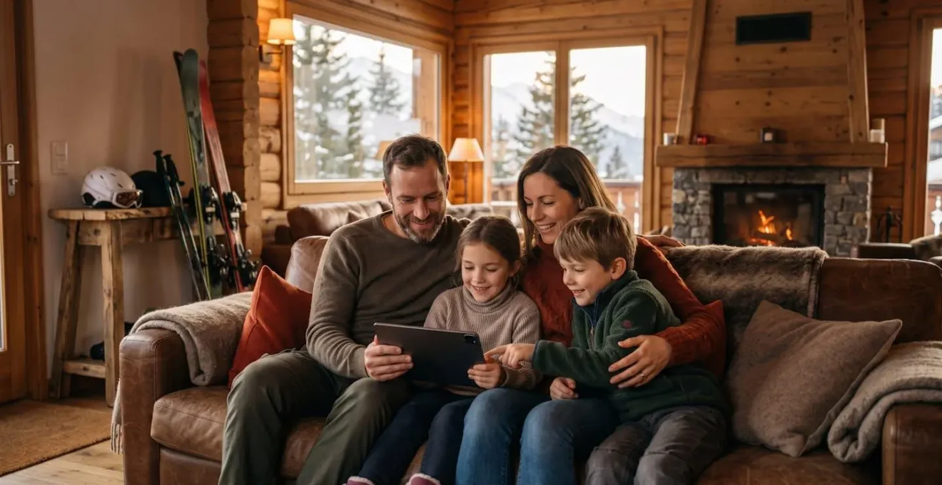 Famille de quatre personnes consultant des informations d'assurance sur tablette dans le salon d'un chalet de montagne