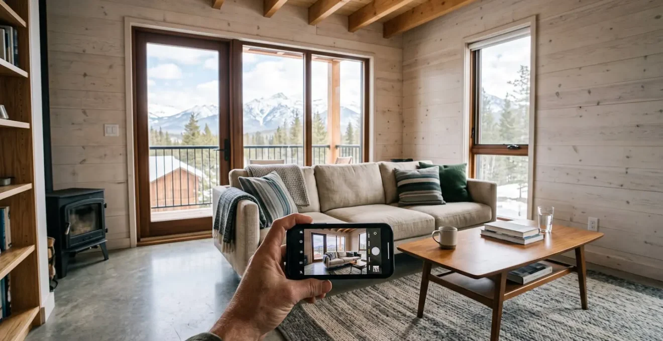 Main tenant un smartphone pour photographier l'intérieur d'un appartement de location lors de l'état des lieux d'entrée