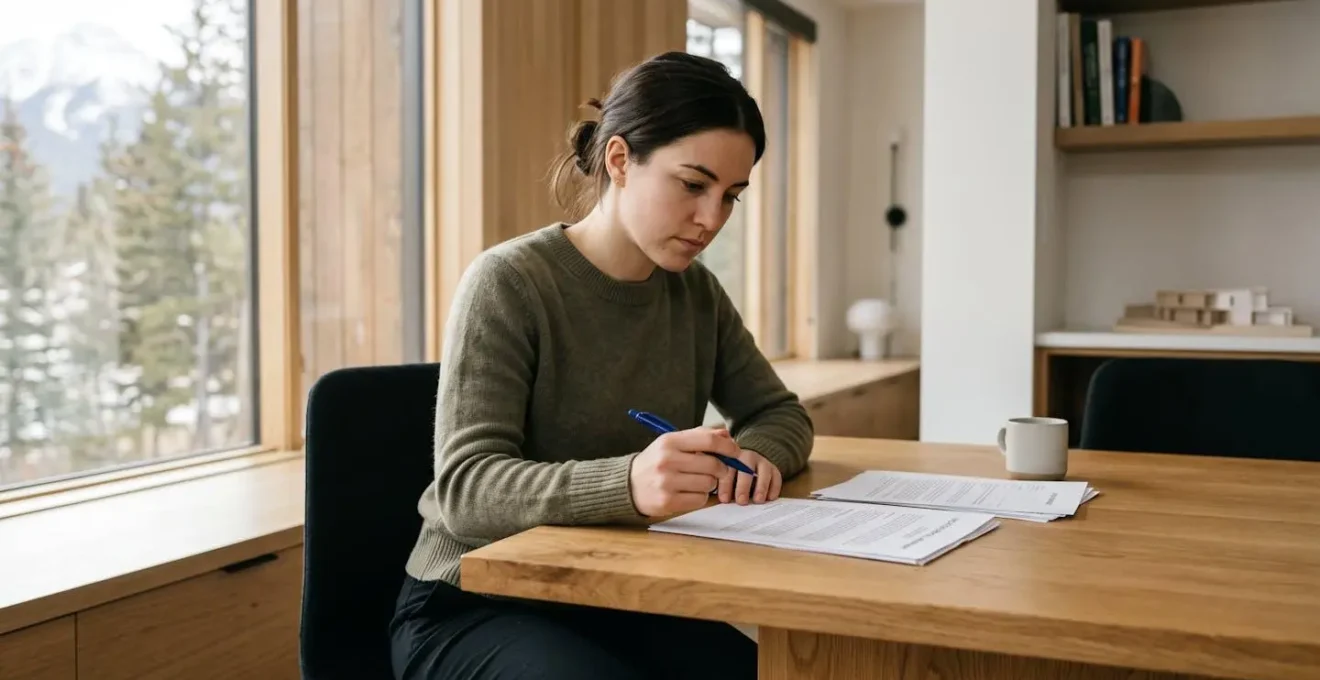 Personne consultant attentivement un contrat de location dans une agence immobilière de montagne avec documents sur table en bois