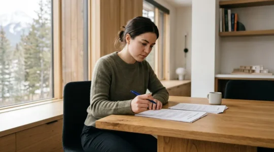 Personne consultant attentivement un contrat de location dans une agence immobilière de montagne avec documents sur table en bois